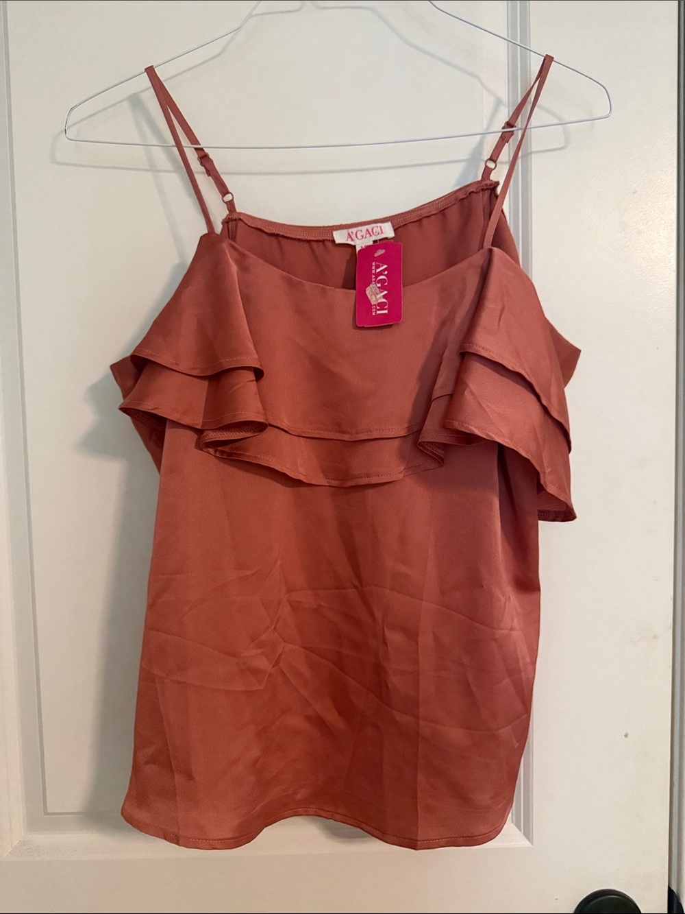 a'gaci Rusty Rose Ruffle Spaghetti Strap Cami